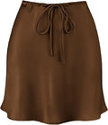 Women's Drawstring Satin Mini Skirt High Waisted Elegant Casual A-Line Flared Silk Short Skirts for Women