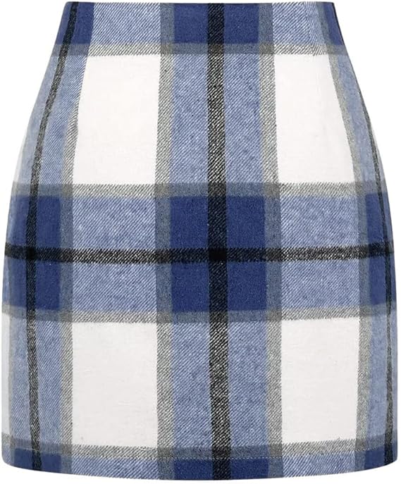 Kinghua Womens Wool Plaid Mini Skirt Fall Winter High Waisted Bodycon Pencil Skirt